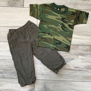Boys Size 3T Green Circo Pants & Size XS Green Camo JR G.I. Short Sleeve T-Shirt